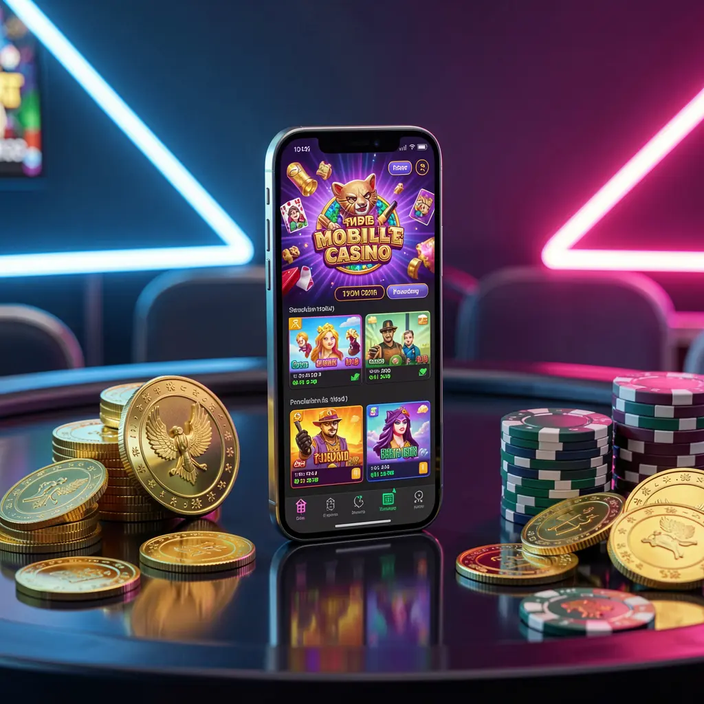 TUNA JL mobile casino app dashboard on smartphone displaying colorful gaming interface with golden coins and poker chips on glossy table under elegant neon lighting