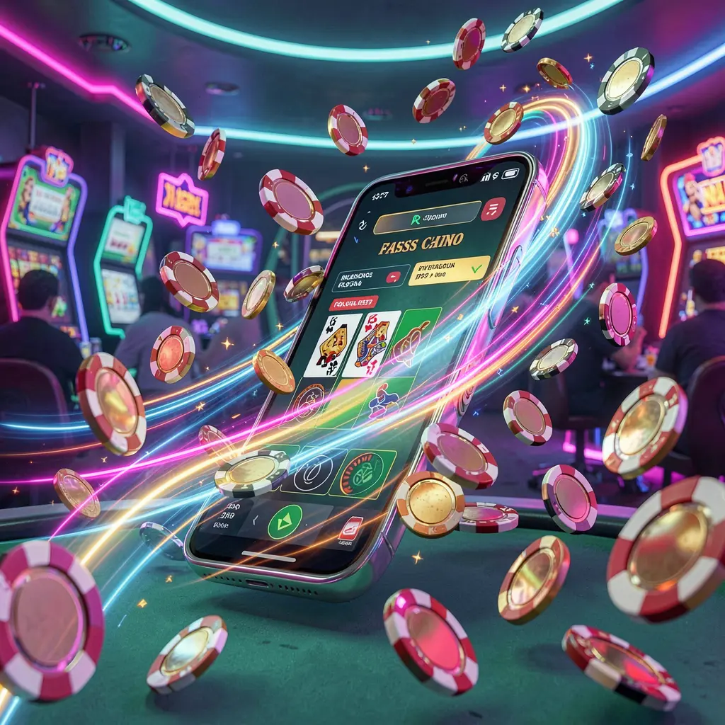 TUNA JL fast casino app access visual showing a smartphone with speed light trails, coins and chips flying around against a modern neon casino background in a dynamic 3D render