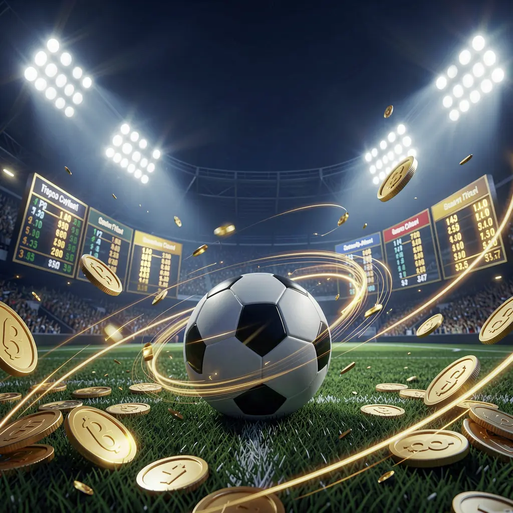 TUNA JL sports betting page hero banner featuring a football stadium at night with bright floodlights, a soccer ball on green grass, glowing odds panels, golden coins, and dynamic light trails in a premium dark blue and gold cinematic 3D render