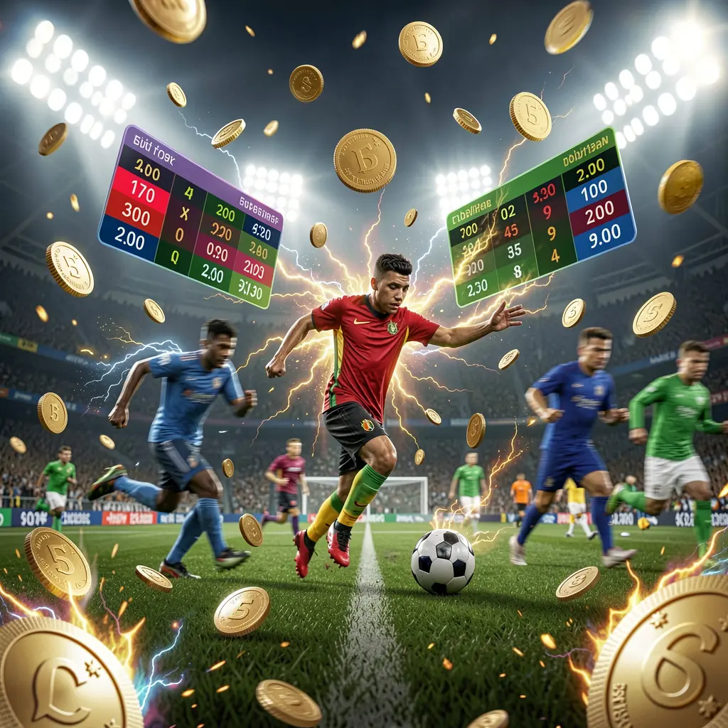 TUNA JL live football betting concept showing a soccer stadium with bright lights, blurred players in action, floating odds panels, coins, and dynamic energy effects in a premium cinematic render