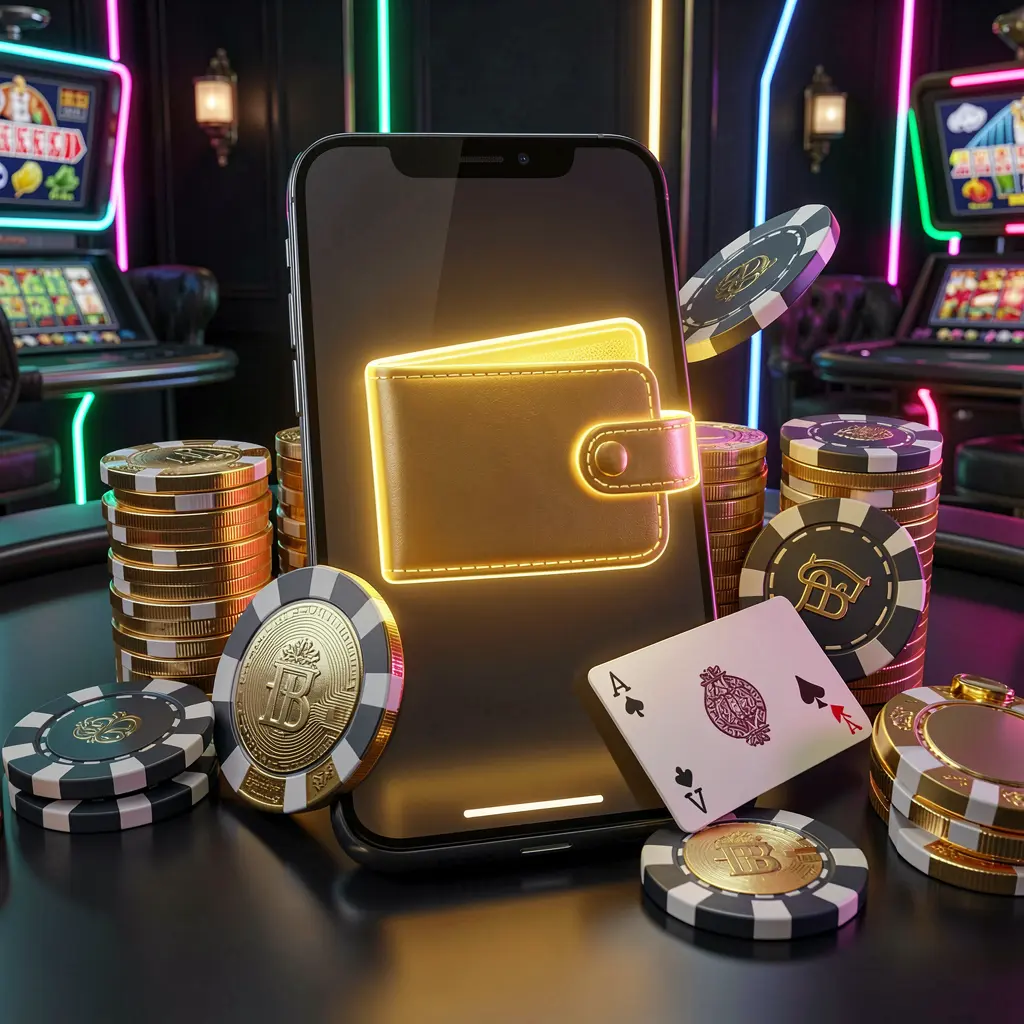 TUNA JL online casino deposit bonus concept with a smartphone screen displaying a glowing wallet icon surrounded by stacks of golden coins, poker chips, and bank cards on a dark luxury background with neon highlights