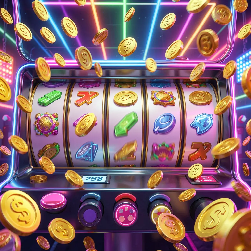TUNA JL free spins casino image featuring slot machine reels spinning with golden coins flying everywhere under colorful neon lights, creating an exciting jackpot mood in a premium 3D illustration