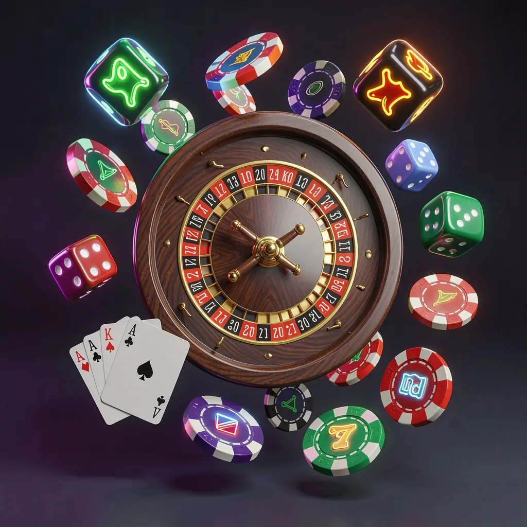 TUNA JL online casino games collection featuring a neon glowing roulette wheel, blackjack cards, dice, slot symbols, and poker chips floating together in a premium 3D render