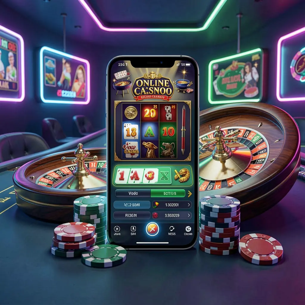 TUNA JL online casino platform concept with a smartphone displaying a glowing casino interface, surrounded by a roulette wheel and poker chips on a premium neon background