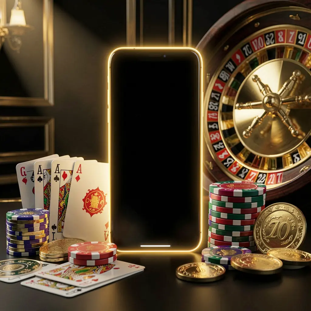 TUNA JL online casino account portal with glowing smartphone, premium cards, chips, roulette wheel, and coins on a black and gold background with cinematic lighting