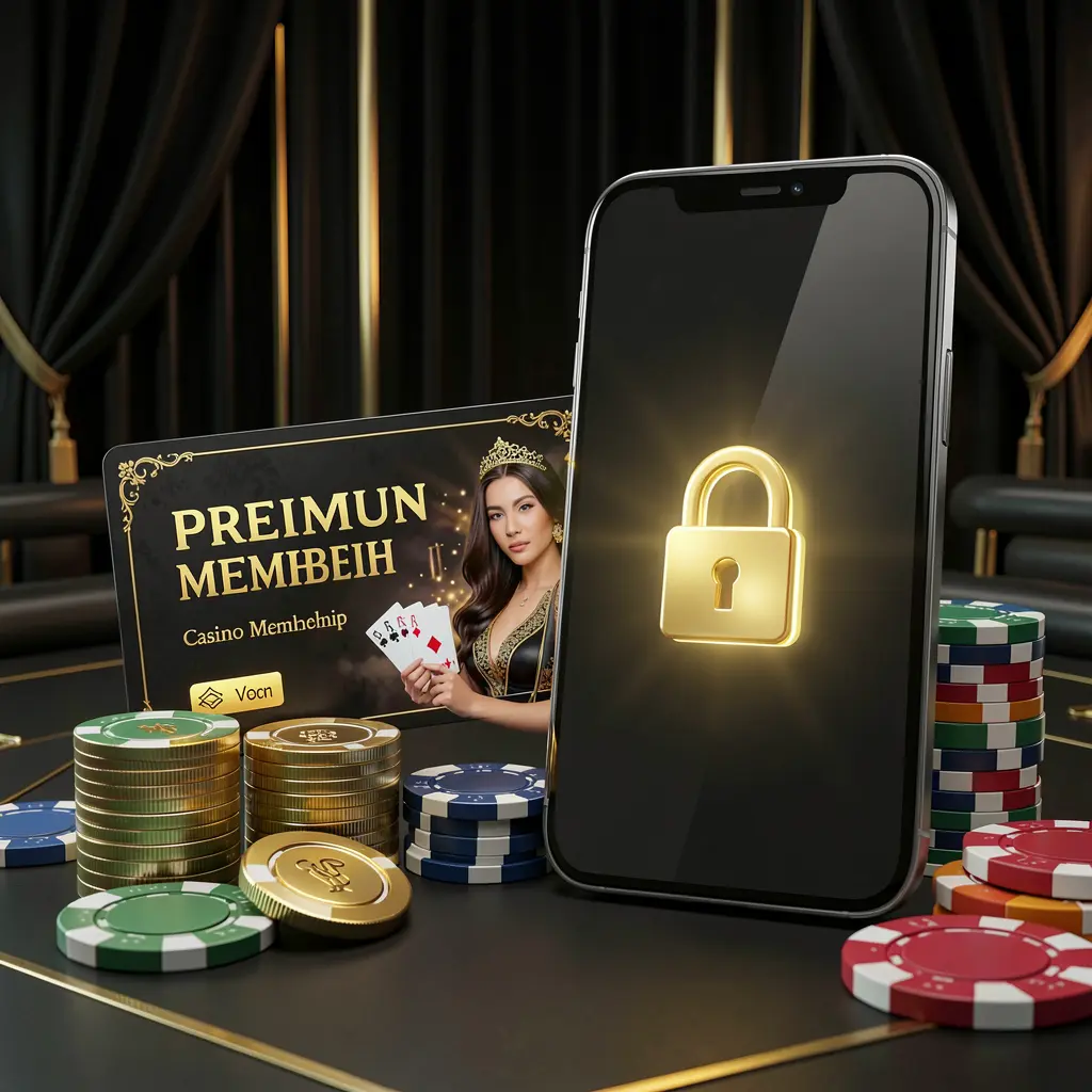 TUNA JL casino member login concept showing a premium membership card beside a smartphone with a glowing lock symbol, poker chips, and coins on a black and gold luxury background in a realistic 3D illustration