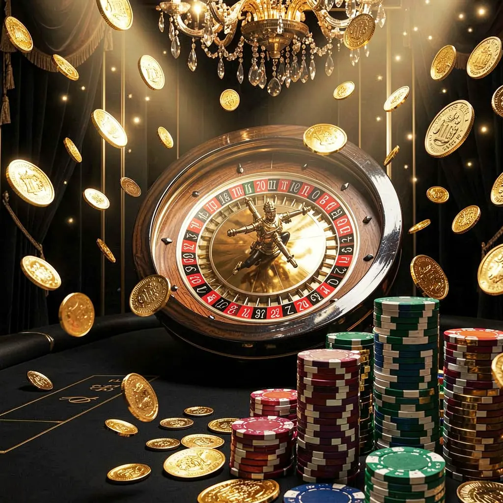 TUNA JL online casino main page background with dramatic casino lights, golden coins flying, stacked poker chips in the foreground, and a roulette wheel behind in a luxury black and gold atmosphere TUNA JL online casino main page background with dramatic casino lights, golden coins flying, stacked poker chips in the foreground, and a roulette wheel behind in a luxury black and gold atmosphere